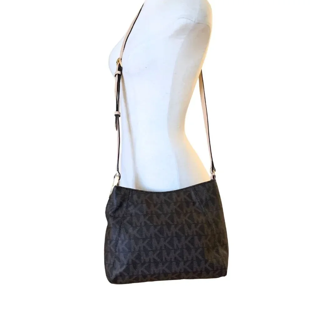 Michael Kors Brown Monogram Crossbody Bag with Gold MK Logo Ring Accent - Picture 2 of 14